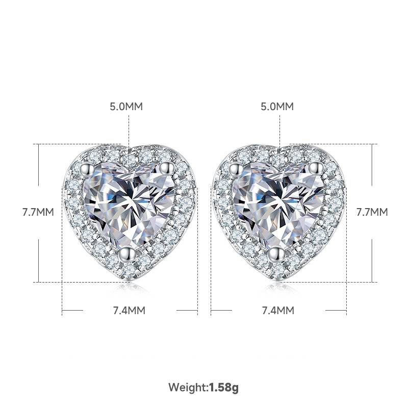 Light luxury heart-shaped S925 silver plated platinum Moissanite diamond pendant earring set